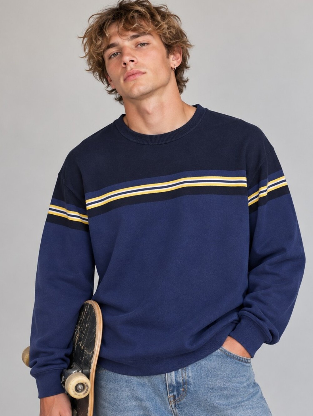 John Ashford Mens Large Navy Blue Striped Crewneck Cotton Sweater Retro Preppy